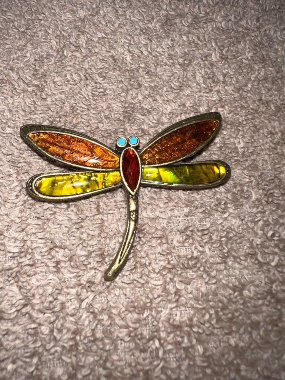 Dragonfly Brooch Vintage Stained Glass Wings Brass Finish Liz Claiborne Insect